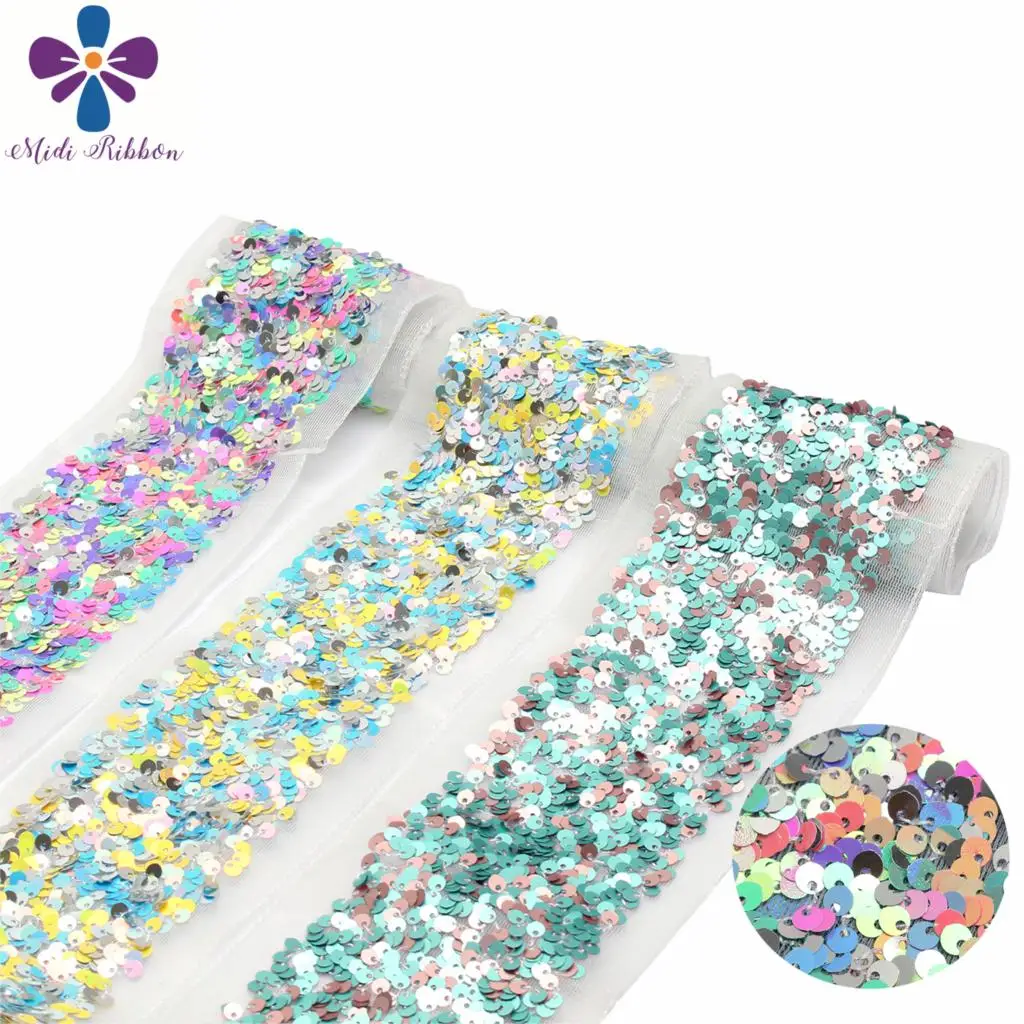 

3"75mm Scatter Sequin Tape (Back Side with Tulle, 9.5cm Width) Hair Bowknots DIY 25.5yards/pack (3*8.5y/roll) Matt Aqua
