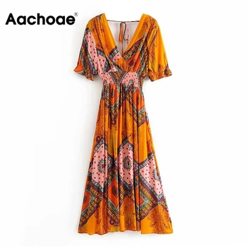 Fashion Women Printed Long Dress V Neck Elastic Waist Summer Boho Dresses 2020 Ruffle Short Sleeve Vintage Pleated Midi Dress
Fashion Women Printed Long Dress V Neck Elastic Waist Summer Boho Dresses 2020 Ruffle Short Sleeve Vintage Pleated Midi Dress