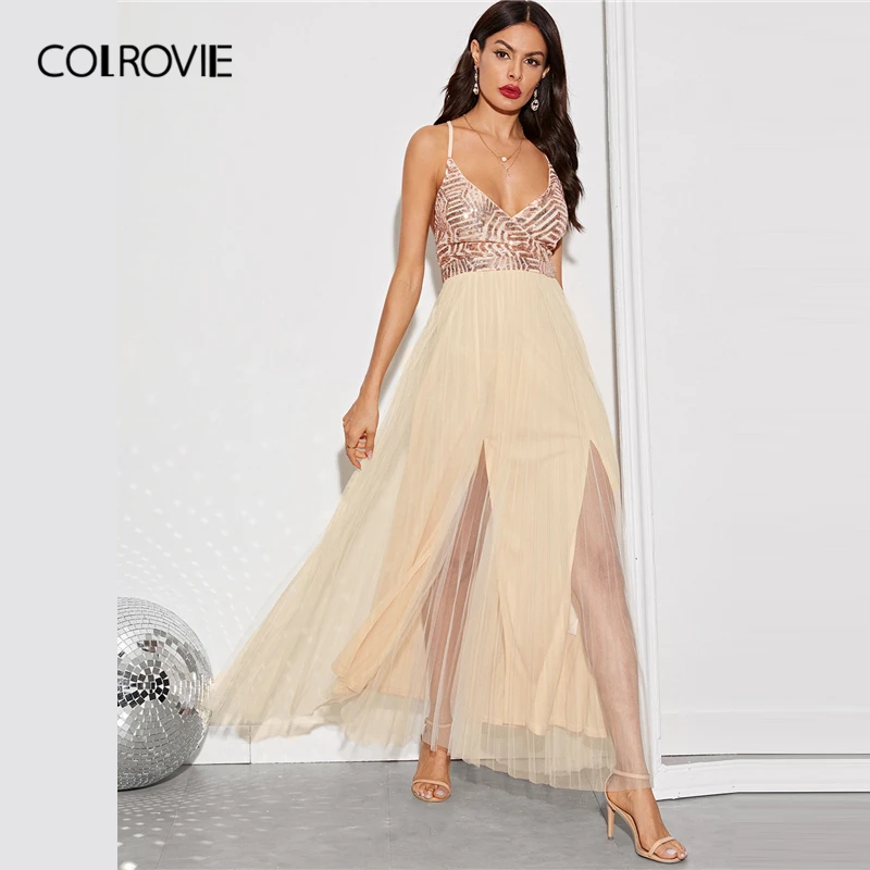 

COLROVIE Beige Contrast Sequin Criss-cross Tie Back Split Thigh Dress Women High Waist Maxi Cami Dress 2019 Sexy Party Dresses