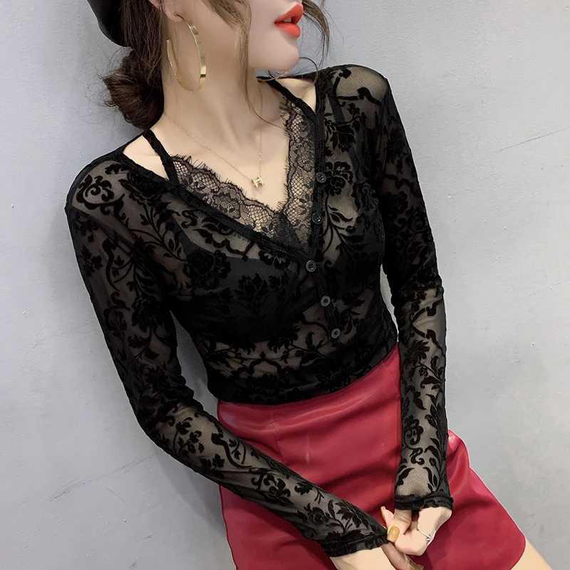 

#5515 Black Lace T Shirt Women Sexy See Through Mesh Tops V Neck Long Sleeve T Shirt Female Buttons Womens Tee Shirts Summer