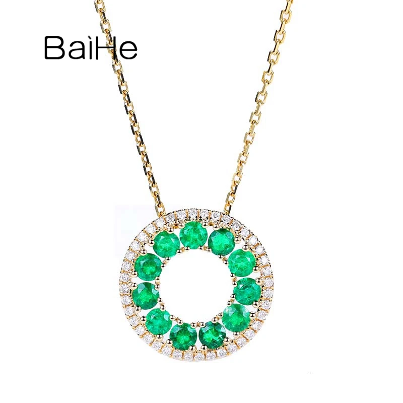 

BAIHE Solid 14K Yellow Gold Natural Emerald Diamond Leisure Round Pendant Women Engagement Gift Trendy Fine Jewelry Le pendentif