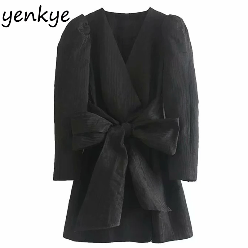 2019 Women Front Elegant Bow Blazer Dress Office Lady Long Sleeve V Neck Vintage Black A-line Mini Dress Autumn vestidos
2019 Women Front Elegant Bow Blazer Dress Office Lady Long Sleeve V Neck Vintage Black A-line Mini Dress Autumn vestidos