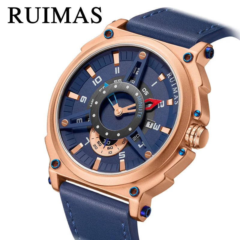 

Ruimas Watches Men Top Brand Luxury Sport Quartz Watch Blue Leather Strap Clock Men Waterproof Wristwatch relogio masculino 565