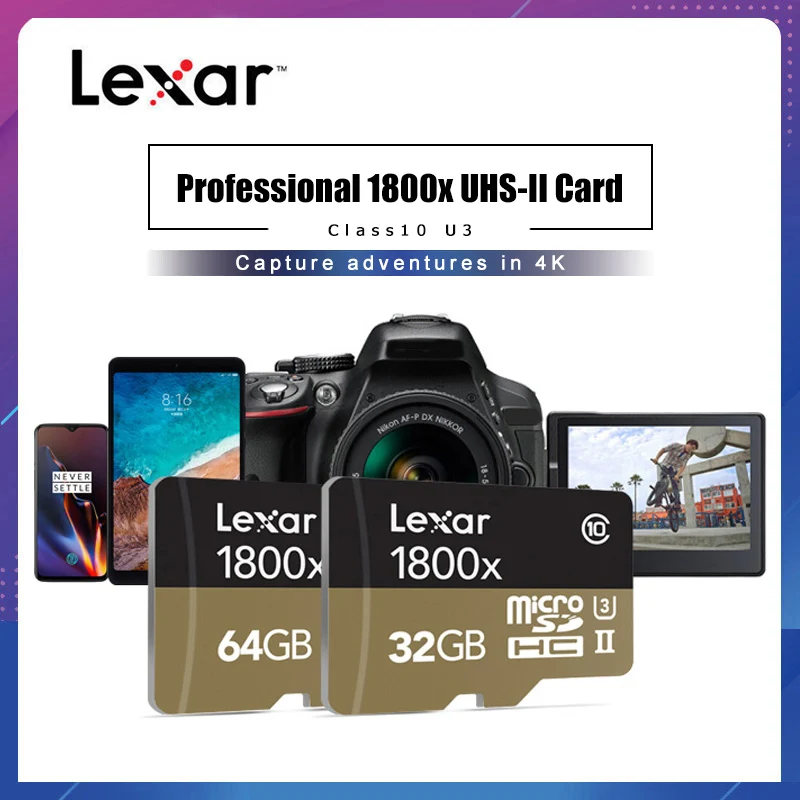 

Lexar Professional 1800x microSDXC UHS-II cards Micro SD Card 64GB 128GB Up to 270MB/s V90 U3 Class 10 Memory Card Flash TF Card