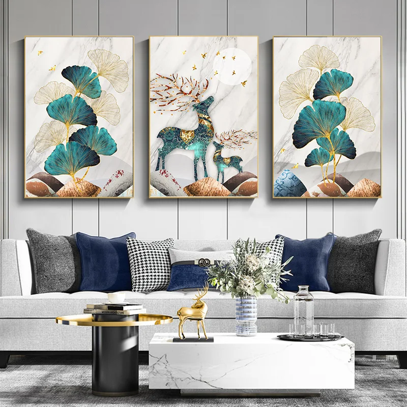 

Nordic Luxury Ginkgo Leaves Landscape Wall Art Posters and Prints Canvas Paintings Modern Elk Picture For Home Decor Cuadros