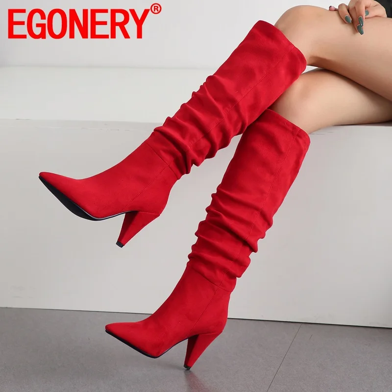 

EGONERY knee high boots 9cm high heels women shoes 34-43 plus size riding boots flock autumn spring sexy party woman long boots