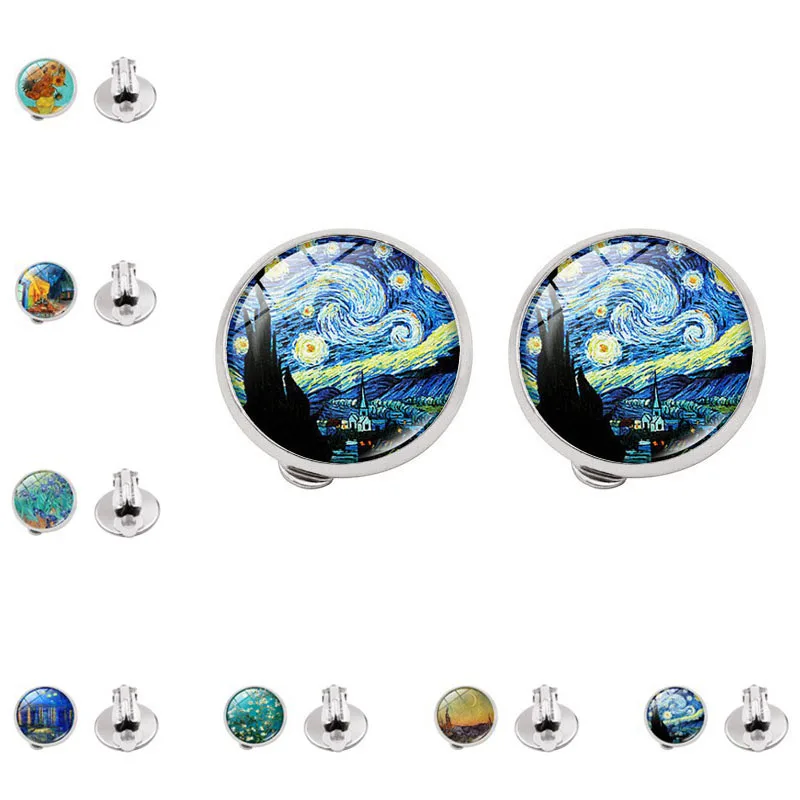 Fashion Silver Color Simple Style Clip on Hoop Earrings Van Gogh Famous Artist Starry Night Ear Clips for Women Jewelry Gift | Украшения и