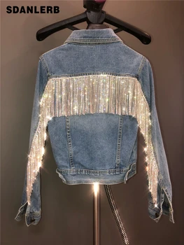New Encryption Bling Rhinestone Tassel Chain Short Slim Light Blue Lapel Denim Jacket Ladies Jean Jacket Chaqueta Mujer Coat
New Encryption Bling Rhinestone Tassel Chain Short Slim Light Blue Lapel Denim Jacket Ladies Jean Jacket Chaqueta Mujer Coat