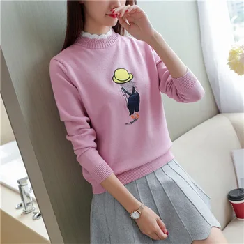 Autumn/Winter new Korean women's cartoon pattern knitted bottomshirt double lace collar sweater thickened knitted sweater 
Autumn/Winter new Korean women's cartoon pattern knitted bottomshirt double lace collar sweater thickened knitted sweater