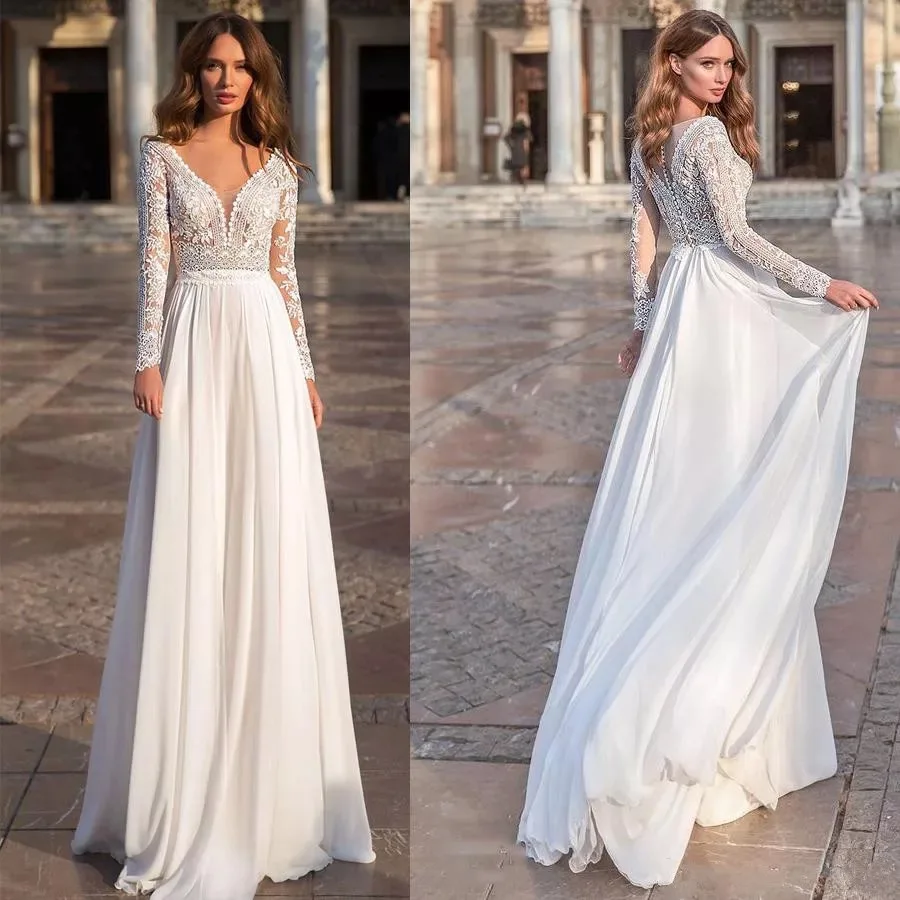 Long Sleeve V-Neck Wedding Dress A-Line Button Chiffon Lace Appliques Elegant Bridal Gown Civil Floor Length Vestidos De Noiva
Long Sleeve V-Neck Wedding Dress A-Line Button Chiffon Lace Appliques Elegant Bridal Gown Civil Floor Length Vestidos De Noiva
