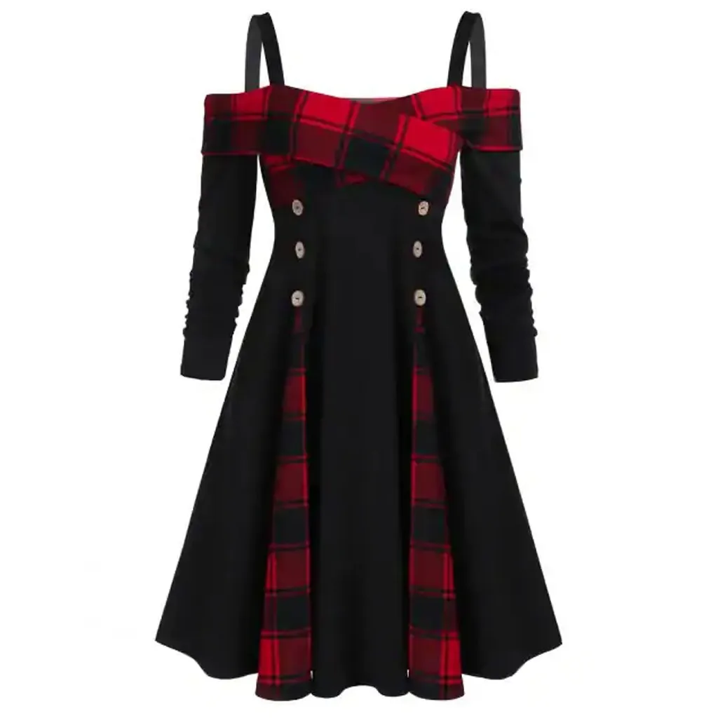 Fashion Women Gothic Long Sleeved Plus Size Open Shoulder Retro Plaid Panel Printed Buttons Goth Punk A Line Dress vestidos#g3
Fashion Women Gothic Long Sleeved Plus Size Open Shoulder Retro Plaid Panel Printed Buttons Goth Punk A Line Dress vestidos#g3