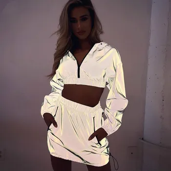 OSLLENLLA Flash Reflective Two Pieces Skirts Set Women Reflective Hoodie Crop Top and Mini Skirt Matching Set Ladies 2PCS Dress
OSLLENLLA Flash Reflective Two Pieces Skirts Set Women Reflective Hoodie Crop Top and Mini Skirt Matching Set Ladies 2PCS Dress