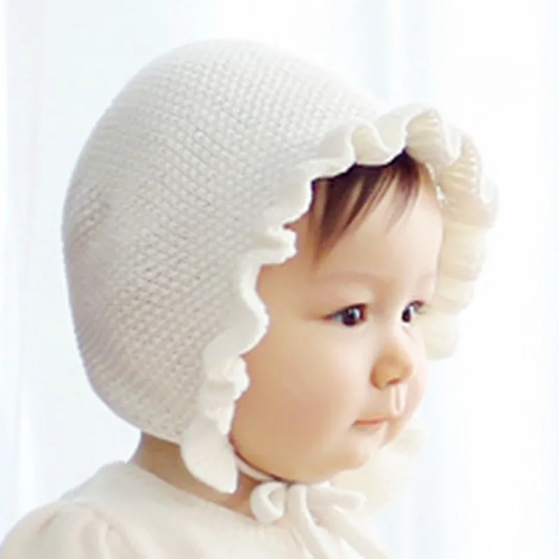 Spring New Newborn Baby Hat 3 Color Infants Handmade Wool Ear Knitting Monolayer Lotus Leaf Yarn Warmer Caps Kids Bonnet | Детская
