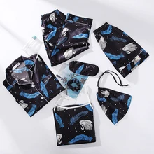 Autumn Spring 7 Pieces Set Silk Elegant Women Pajamas stripe Shorts Long Sleeve Tops Elastic Waist Pants Full Lounge Sleepwear 
Autumn Spring 7 Pieces Set Silk Elegant Women Pajamas stripe Shorts Long Sleeve Tops Elastic Waist Pants Full Lounge Sleepwear