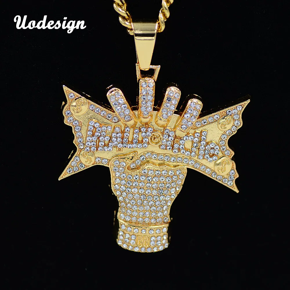 Uodesign Gold Finish Iced Crystal Hand hold money Rich Pendants & Necklaces Charm Men Women Hip Hop Jewelry | Украшения и