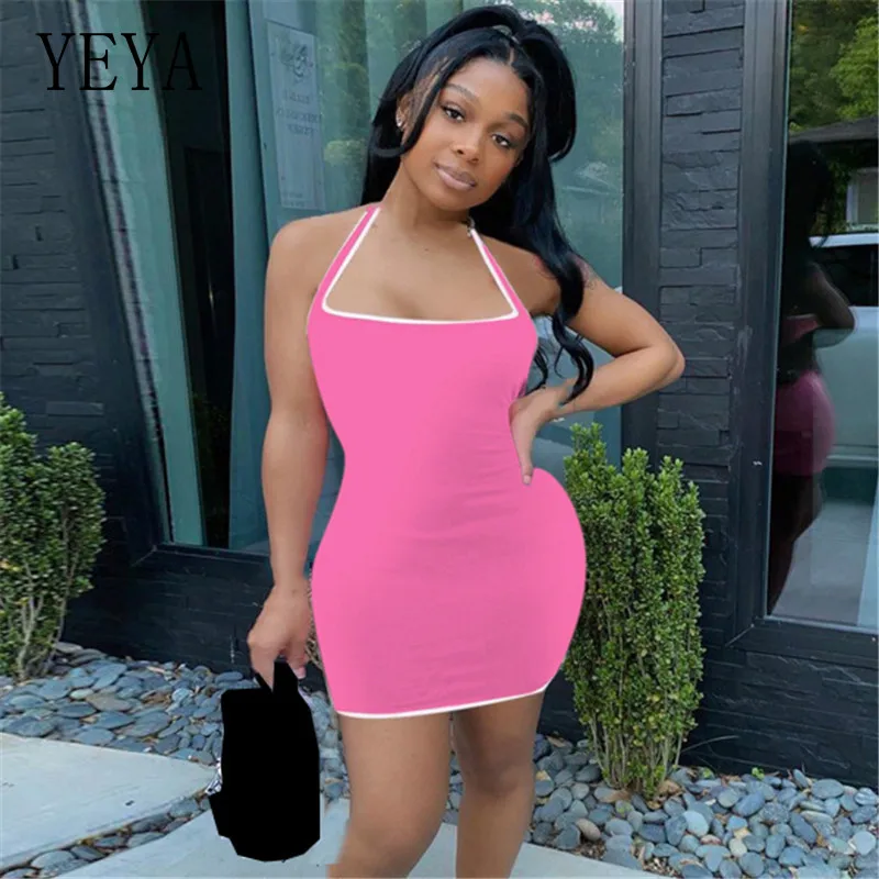 

YEYA Sleeveless Short Summer Women Halter Dress Sexy Off Shoulder Hollow Out Bandage Club Pary Dress Backless Bodycon Vestidos