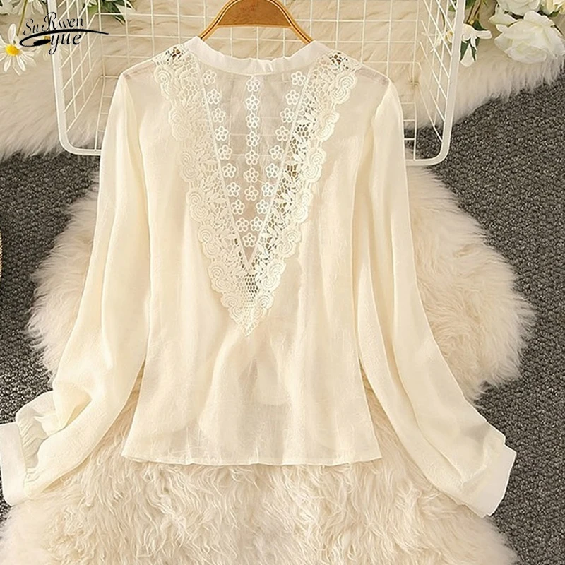 

Summer Korean Hollow Out Long Sleeve Air-conditioned Shirt with Small Shawl New Backless Lace Chiffon Sunscreen Shirt 15862