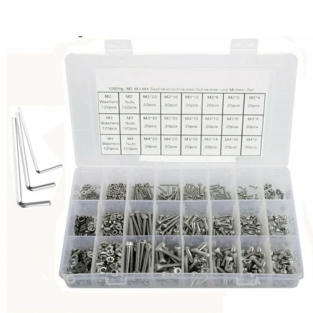 1080PCS M2 M3 M4 Screw Bolts&Nuts & Washer Set Hex Head Cap tool Stainless Steel practical portable Kit
1080PCS M2 M3 M4 Screw Bolts&Nuts & Washer Set Hex Head Cap tool Stainless Steel practical portable Kit