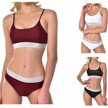 High quality sexy swimsuit suit shiny fabric stitching split bikini black and white useful wading sports beachwear biquini 
High quality sexy swimsuit suit shiny fabric stitching split bikini black and white useful wading sports beachwear biquini