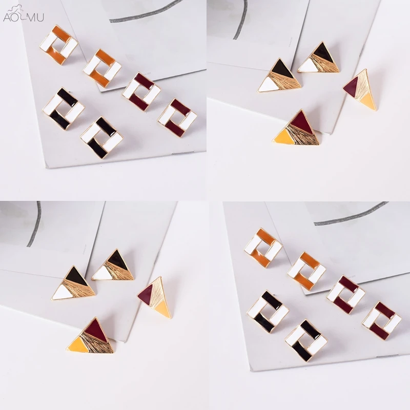 

AOMU 2019 Korea Hit Color Enamel Metal Geometric Square Circle Round Triangle Stud Earrings for Women Girl Party Brincos Bijoux