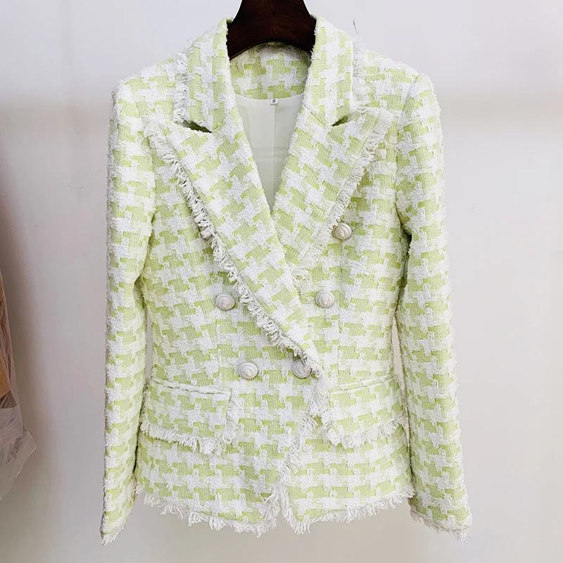 

HIGH STREET Newest 2023 Fall Winter Designer Jacket Women's Lion Buttons Tassel Fringed Houndstooth Blends Tweed Blazer Green