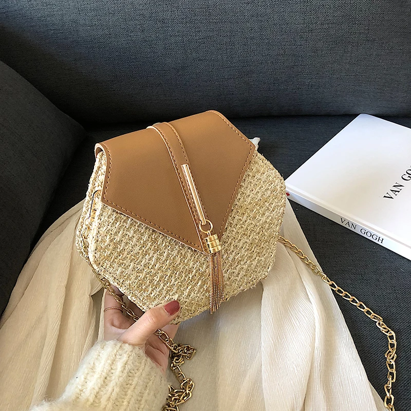 Hexagon Straw Hand Bag for Women with Chain Shoulder Strap 2021