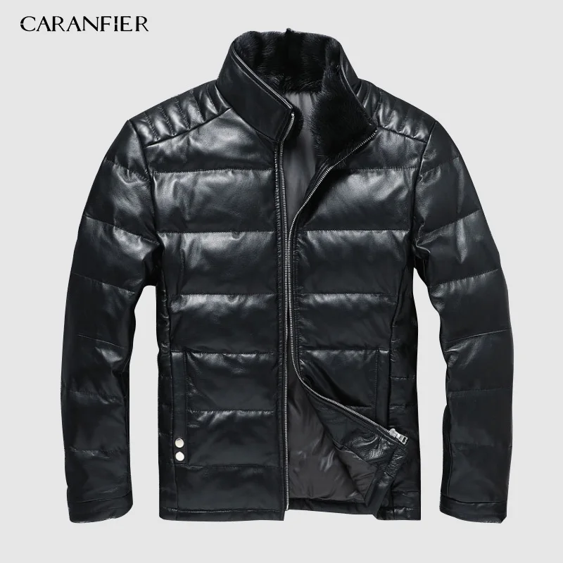 CARANFIER зимняя куртка из натуральной кожи Мужское пальто овчины на утином пуху