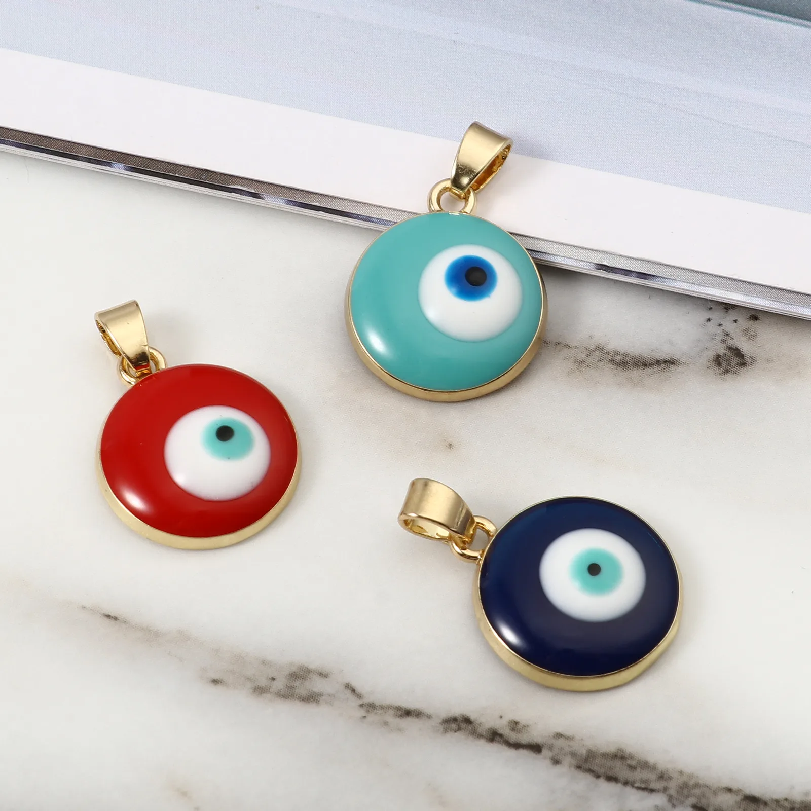 Fashion Turkish eye Charms Round Gold Color Light Blue Evil Eye Enamel Lucky Charms For Jewelry Making 24mm x 16mm, 2 PCs
Fashion Turkish eye Charms Round Gold Color Light Blue Evil Eye Enamel Lucky Charms For Jewelry Making 24mm x 16mm, 2 PCs