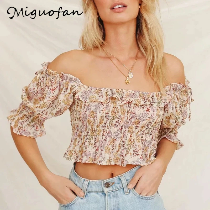 Miguofan укороченная блузка рубашки с открытыми плечами и оборками короткая в стиле