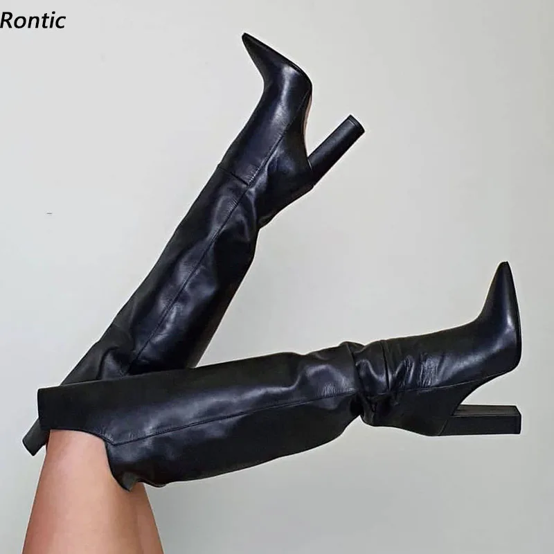 

Rontic New Arrival Women Winter Knee Boots Faux Leather Unisex Chunky Heels Pointed Toe Elegant Black Party Shoes US Size 5-15