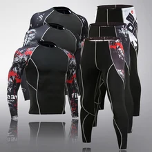 Conjunto de roupas íntimas térmicas masculinas manga longa calças de fitness calças esportivas de compressão elástico de pista e campo de corrida terno masculino(China)