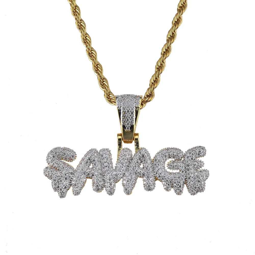 

Iced Out Chain 18K Gold Plated Bling CZ Simulated Diamond Letters SAVAGE Pendant Men's Hip Hop Necklace