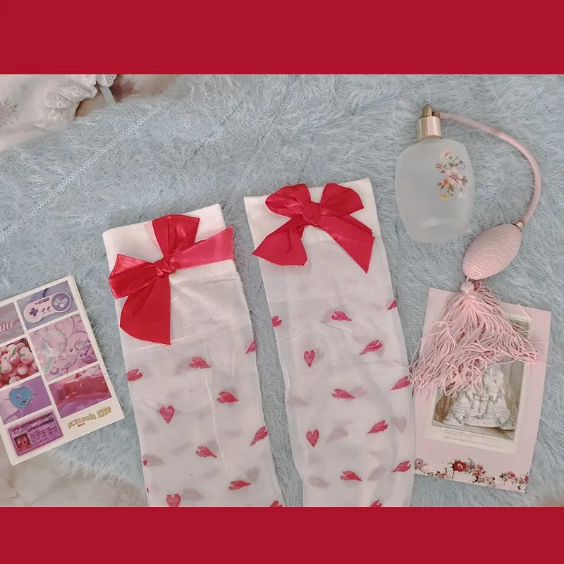 2020 Cute Small Heart Transparent Stockings Pure Lovely Red Bow Over Knee White Tigh High Sexy Suspender Tube Silk Stocking 2020 Cute Small Heart Transparent Stockings Pure Lovely Red Bow Over Knee White Tigh High Sexy Suspender Tube Silk Stocking