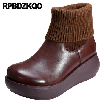 Brown Flatform Sock Wedge Black Knit Brand Women Winter Boots Genuine Leather Muffin Shoes Retro High Heel Mid Calf Vintage
Brown Flatform Sock Wedge Black Knit Brand Women Winter Boots Genuine Leather Muffin Shoes Retro High Heel Mid Calf Vintage