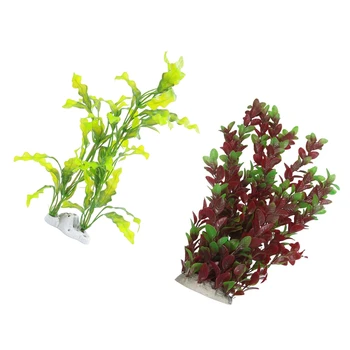 

2 Pcs Plastic Green Red Leaves Water Plants Ornament for Fish Tank Aquarium 40cm Fuchsia & Green
