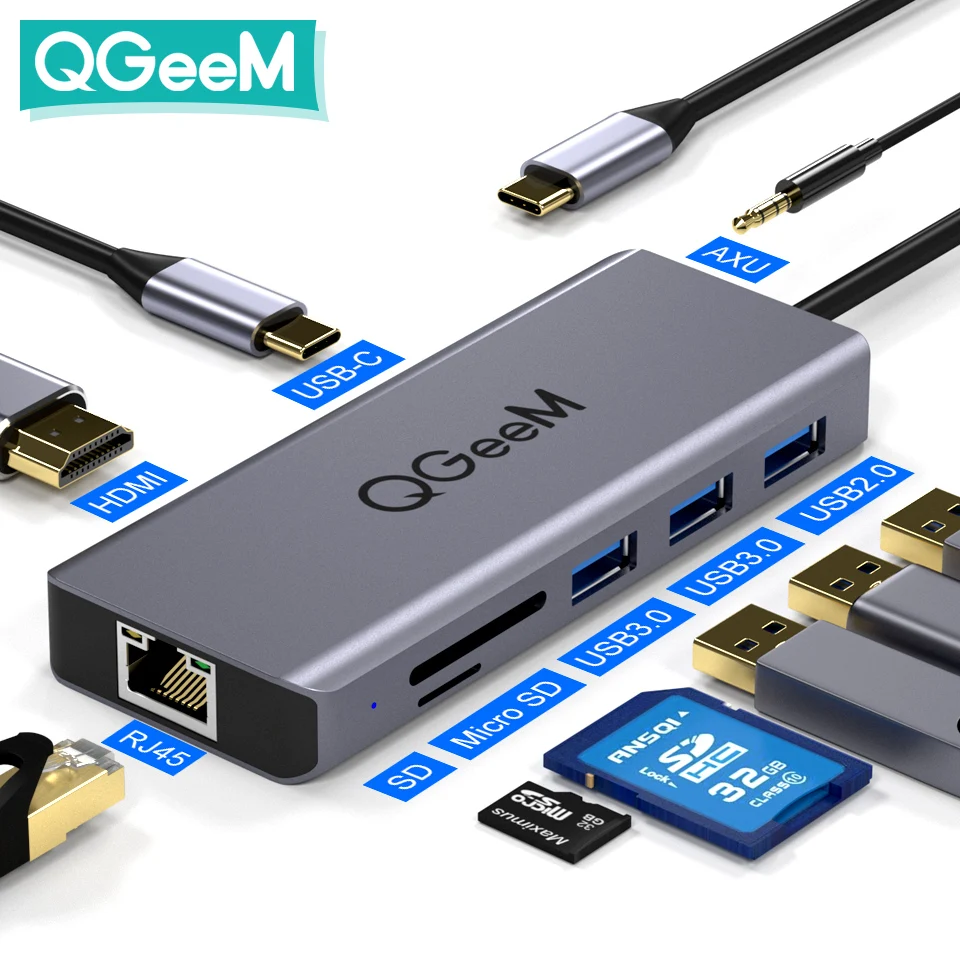 QGeeM USB C Hub for Macbook Pro Air HDMI VGA Micro SD Card Readers RJ45 Aux PD OTG Multi USB Hub Type C 3.0 Adapter for Notebook
QGeeM USB C Hub for Macbook Pro Air HDMI VGA Micro SD Card Readers RJ45 Aux PD OTG Multi USB Hub Type C 3.0 Adapter for Notebook