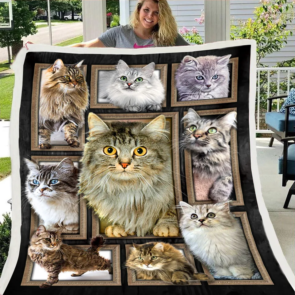 

150x200cm British Shorthair Cat Throw Blanket on Bed 3D Animal Plush Sherpa Blanket Siamese Bedspreads Gray Cat Fur Thin Quilt