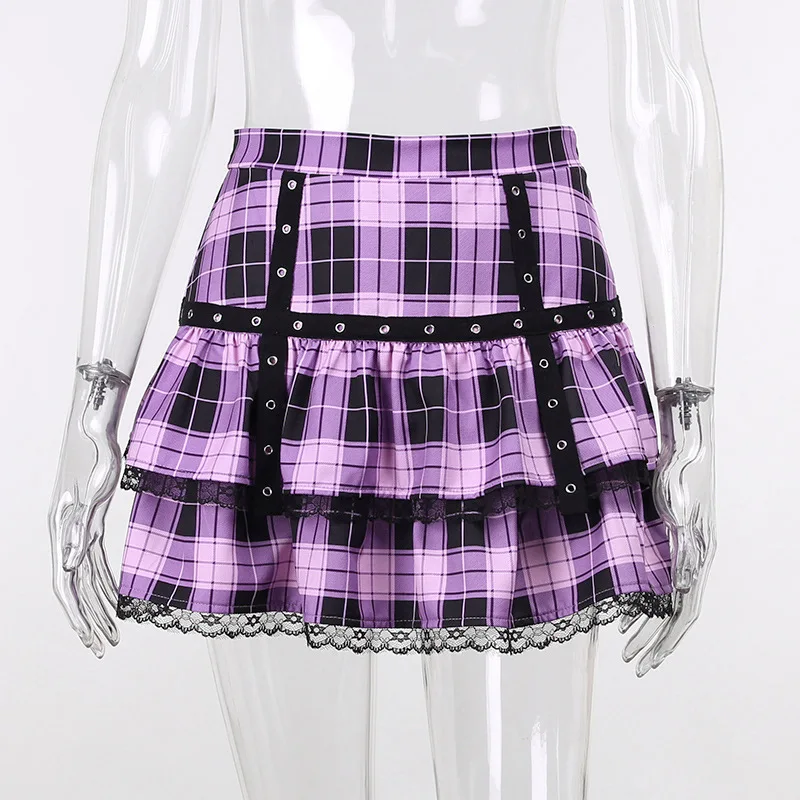 Gothic Lady Cool Sexy Mini Skirt Women Purple Plaid Contrast Color Cross Eyelet Ribbon High Waist Skirts Lace Y2k Harajuku Cloth Gothic Lady Cool Sexy Mini Skirt Women Purple Plaid Contrast Color Cross Eyelet Ribbon High Waist Skirts Lace Y2k Harajuku Cloth