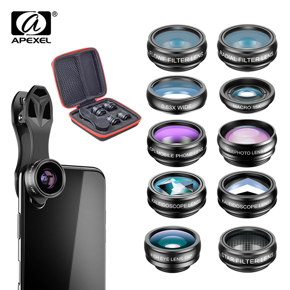 APEXEL Phone Lens Kit Universal 10 in 1 Fisheye Wide Angle Macro Lens CPL Filter Kaleidoscope+2X Telescope Lens For Smartphone
APEXEL Phone Lens Kit Universal 10 in 1 Fisheye Wide Angle Macro Lens CPL Filter Kaleidoscope+2X Telescope Lens For Smartphone