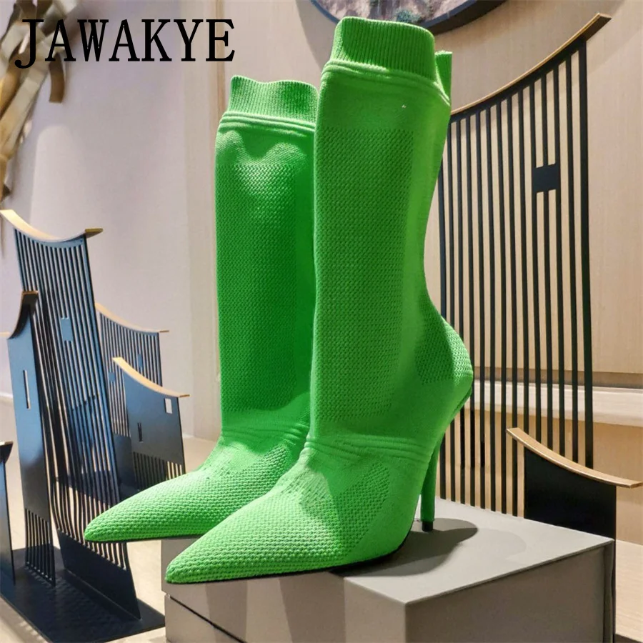 

2022 Spring New Sock Runway Boots Stretch Pointy Toe Thin High Heel Mid Calf Boots Elastic Knitting Runway T Show Boots Woman