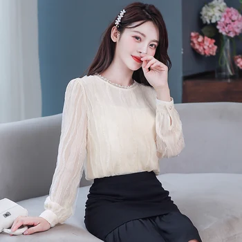 COIGARSAM Chiffon blouse women New Spring Lace Patchwork Mesh blusas womens tops and blouses Apricot 9504 
COIGARSAM Chiffon blouse women New Spring Lace Patchwork Mesh blusas womens tops and blouses Apricot 9504