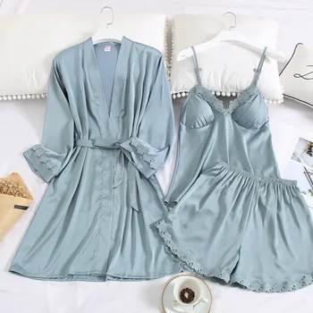 Summer Sexy Sleepwear Three-Piece Women's Ice Silk Top Shorts Set with Chest Pad Nightgown Sexy Leisure Tops Robe
Summer Sexy Sleepwear Three-Piece Women's Ice Silk Top Shorts Set with Chest Pad Nightgown Sexy Leisure Tops Robe