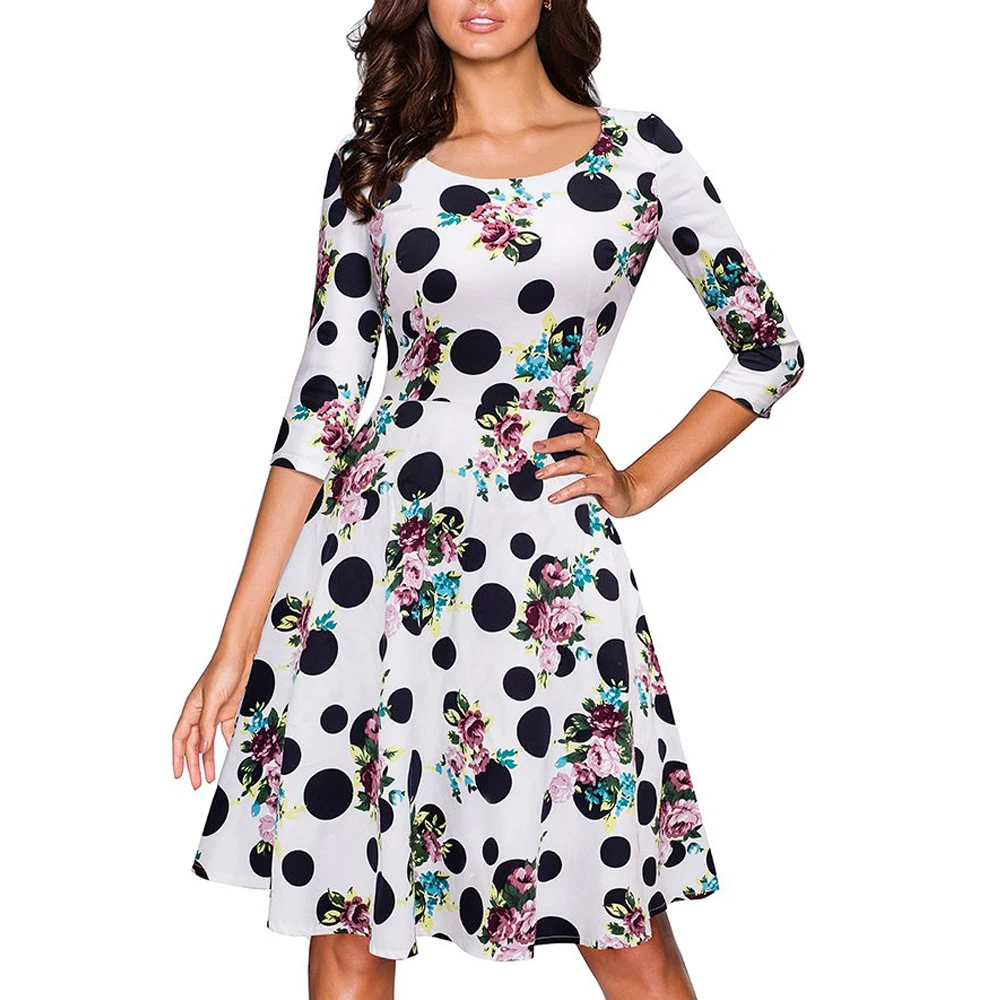 

Women Vintage Flower Polka Print There Quarter Sleeve Tunic Casual Work Party Fit and Flare Skater A-line Dress EA065