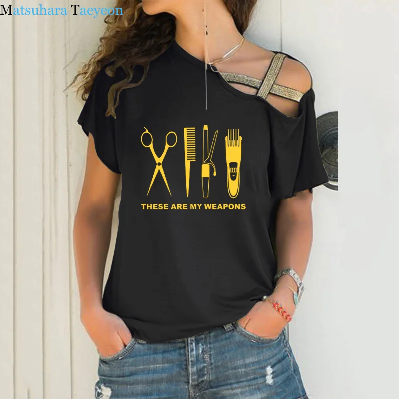 

Irregular Bandage T Shirt Women Barber Short Sleeve Print Hairdresser Weapon T-shirt Girls Woman tshirt scissors Tops clothing