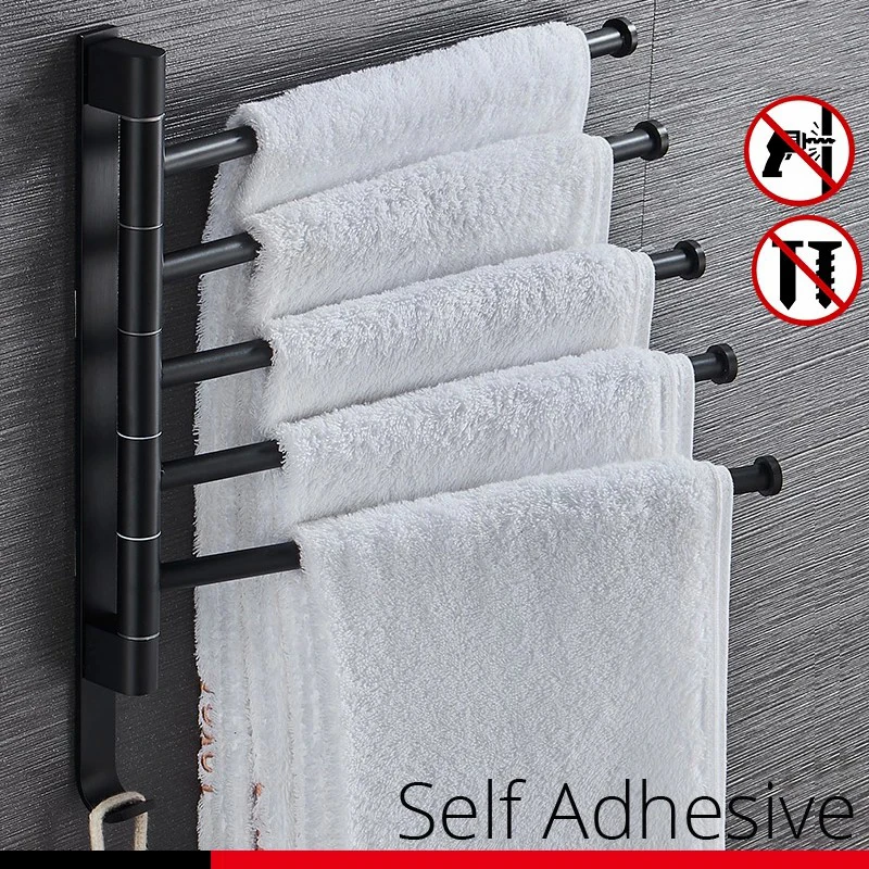 Фото D2 Self Adhesive Nail Free Towel Bar Black Brushed Multi Arm Swivel Adjustable Bars Holder Rotating Bathroom Kitchen Rack | Обустройство