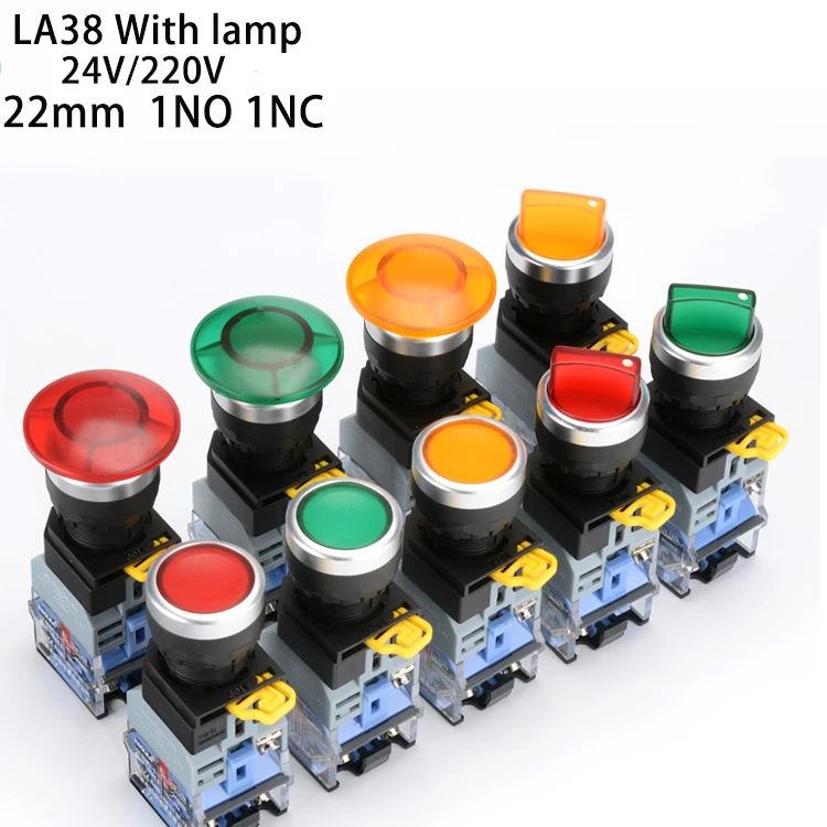 LA38-11XD/2 Button switch with light 22 self locking reset flat head inching switch 24 220 V red green start mushroom knob
LA38-11XD/2 Button switch with light 22 self locking reset flat head inching switch 24 220 V red green start mushroom knob