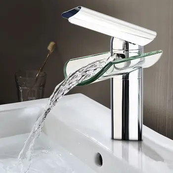 Chrome Finish Deck Mounted Glass Spout Basin Faucet Single Handle Waterfall Bathroom Hot Cold Water Mixer Tap Fast Shipping