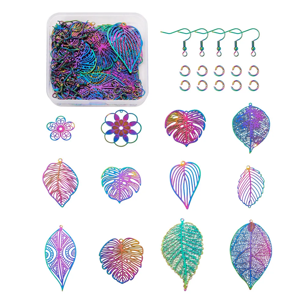 

Mix Drop Leaf Hollow Flower Filigree Pendants Stamping Multi-color Charms with Earring Hooks for DIY Dangle Earrings Making Kit