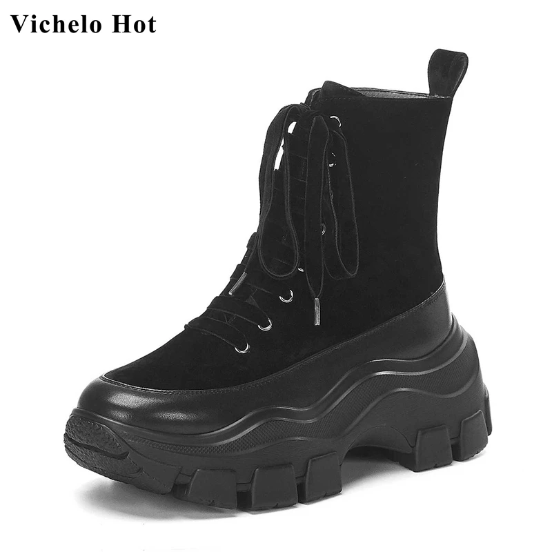 Vichelo Hot Internet star cow leather velvet high heels thick bottom round toe winter women lace up hot fashion ankle boots L2f1 
Vichelo Hot Internet star cow leather velvet high heels thick bottom round toe winter women lace up hot fashion ankle boots L2f1