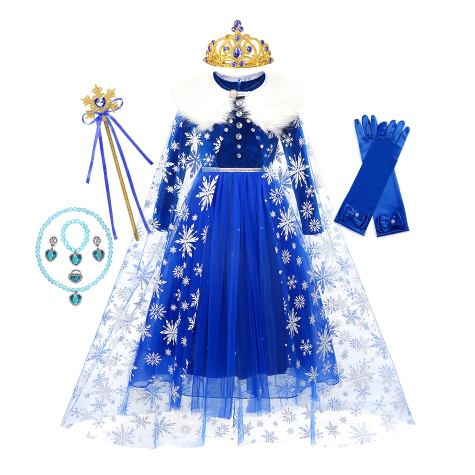 

Disney Frozen Princess Elsa Dress For Girls Snowflake Dark Blue Long Sleeve Prom Gown Kids Halloween Christmas Cosplay Costumes